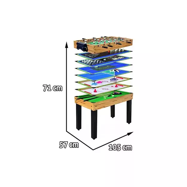 Žaidimų stalas 12in1 vaikams ir suaugusiems + MDF lenta 105x57x71cm + Stalo futbolas Oro ritulys Biliardas Stalo tenisas Šachmatai Boulingas